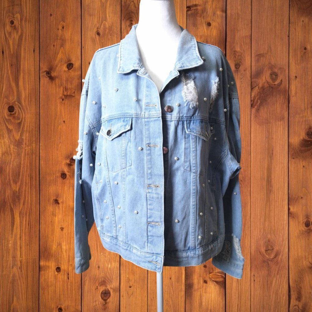 Fashion Nova Size 1X Distressed Beaded Blue Denim Jacket Grunge City Casual - Picture 2 of 8